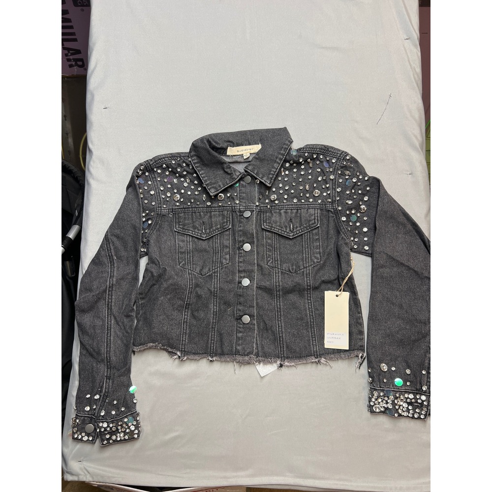 Blue Velvet Women Rhinestone Embellished Cropped Denim Jacket Black 60205JS S